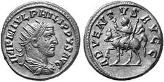 ANCIENT COINS ROMAN COINS IMPERIAL COINAGE PHILIPPUS I ARABS, 244-249 No.: 741 Estimation: $ 180.- d=21 mm Antoninianus, Antioch. AR 5.05 g. IMP M IVL PHILIPPVS AVG Radiate, draped and cuirassed bust 