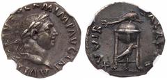 Roman Imperial Coinage Vitellius. Silver Denarius (3.29 g), AD 69. Rome. A VITELLIVS GERM IMP AVG TR P, laureate head of Vitellius right. Reverse: XV VIR SACR FAC, tripod with covered vessel; below, r