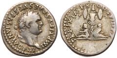 Roman Imperial Coinage Titus. Silver Denarius (3.22 g), AD 79-81. Judaea Capta type. Rome, AD 80. IMP TITVS CAES VESPASIAN AVG P M, laureate head of Titus right. Reverse: TR P IX IMP XV COS VIII P P, 