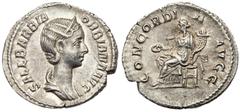 Roman Imperial Coinage Orbiana. Silver Denarius (2.63 g), Augusta, AD 225-227. Rome, under Severus Alexander, AD 225. SALL BARBIA ORBIANA AVG, diademed and draped bust of Orbiana right. Reverse: CONCO