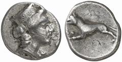 GREEK COINS ARGOLIS Trihemiobol, 370-350 BC. AR 2.54 g. Head of Hera r., hair flowing down the back of the neck, wearing stephane ornamented with palmettes and necklace. Rev. Wolf running l. Only know