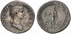 ROMAN COINS ROMAN EMPIRE ANTONIA, mother of Claudius, † 39. Dupondius, posthumous, struck by Claudius, 41-42. AE 15.10 g. ANTONIA - AVGVSTA Draped bust r., hair falling down neck in a plait. Rev. TI C