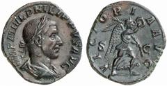 ROMAN COINS ROMAN EMPIRE PHILIPPUS I ARABS, 244-249. Sestertius. AE 14.14 g. IMP M IVL PHILIPPVS AVG Laureate, draped and cuirassed bust r. Rev. VICTORIA AVG / S-C Victory, wearing long chiton, advanc