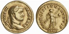 ROMAN COINS ROMAN EMPIRE GALERIUS CAESAR, 293-305. Aureus, 295-296. AV 5.67 g. D N MAXIM-IANO CAES Laureate head r. Rev. PRINCIPI IVVENTVTIS / PROM Galerius, in military attire and wearing chlamys, st
