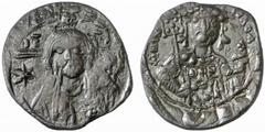 BYZANTINE COINS MICHAEL VII DUCAS, 1071-1079. Follis. AE 4.75 g. Between two stars, bearded bust of Christ facing, cross behind head, wearing tunic and himation, holding book in his l. hand; in field,
