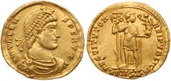 Roman Imperial Coinage Valens. Gold Solidus (4.45 g), AD 364-378. Arelate, AD 364-367. D N VALEN-S P F AVG, diademed, draped and cuirassed bust of Valens right. Reverse: RESTITVTOR REIPVBLICÆ, emperor