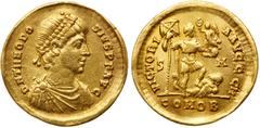 Roman Imperial Coinage Theodosius I. Gold Solidus (4.30 g), AD 379-395. Sirmium, AD 393-395. D N THEODO-SIVS P F AVG, diademed, draped and cuirassed bust of Theodosius I right. Reverse: VICTORI-A AVGG