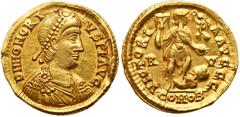 Roman Imperial Coinage Honorius. Gold Solidus (4.44 g), AD 393-423. Ravenna, AD 402-408. D N HONORI-VS P F AVG, diademed, draped and cuirassed bust of Honorius right. Reverse: VICTORI-A AVGGG, emperor