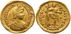 Roman Imperial Coinage Valentinian III. Gold Solidus (4.47 g), AD 425-455. Ravenna, ca. AD 426-455. D N PLA VALENTI-NIANVS P F AVG, rosette-diademed, draped and cuirassed bust of Valentinian III right