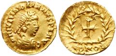 Roman Imperial Coinage Majorian. Gold Tremissis (1.40 g), AD 457-461. Ravenna. D N IVL MAIORIANVS P F AVG, diademed, draped and cuirassed bust of Majorian right. Reverse: Cross within wreath; COMOB. R