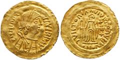 Medieval Invasion Lombards. Pseudo-Imperial issue. Gold Tremissis (1.49 g), 568-774. Copying a Byzantine tremissis of Maurice Tiberius(?). D N HIΛΛIUVI PP AV, diademed and draped imperial bust right. 
