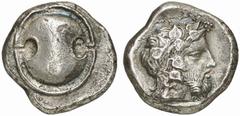 THE BRYAN COOPER COLLECTION OF GREEK COINS BOEOTIA THEBES Stater, about 440-380 B.C. AR 11.98 g. Boeotian shield. Rev. [Θ-Ε] Bearded head of Dionysos r., crowned with ivy. BCD, Boeotia 440. Rare. Good