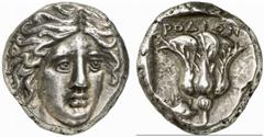THE BRYAN COOPER COLLECTION OF GREEK COINS ISLANDS OFF CARIA RHODOS Tetradrachm, about 410 B.C. AR 15.30 g. Facing head of Helios, slightly turned to r. Rev. ΡΟΔΙΟΝ Rose, pecten low in field l., whole
