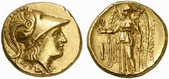GREEK COINS FROM OTHER PROPERTIES KINGDOM OF MACEDONIA ALEXANDER III THE GREAT, king 336-323 B.C. Stater, gold, Salamis (Cyprus), about 332-323 B.C. AV 8.58 g. Head of Athena r., wearing crested Corin