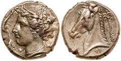 Greek Coinage Sicily, Entella. Silver Tetradrachm (16.96 g), ca. 320/15-300 BC. Siculo-Punic issue. Wreathed head of Arethusa left, wearing triple-pendant earring and necklace; four dolphins around. R