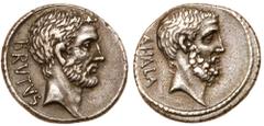 Roman Republican Coinage Q. Servilius Caepio Brutus. Silver Denarius (3.76 g), 54 BC. Rome. BRVTVS, bare head of L. Junius Brutus right. Reverse: AHALA, bare head of Caius Servilius Ahala right. Crawf