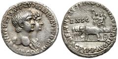 Roman Imperial Coinage Nero, with Agrippina II. Silver Denarius (3.28 g), AD 54-68. Rome, AD 55. NERO CLAVD DIVI F CAES AVG GERM IMP TR P COS, jugate busts of Nero and Agrippina II right, Nero with a 