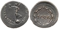 Roman Imperial Coinage Civil Wars. Silver Denarius (3.29 g), AD 68-69. Group II issue (revolt of Vindex). Videbona, March-May AD 68. SALVS GENERIS HVMANI, Victory standing left on globe, holding wreat