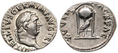 Roman Imperial Coinage Vitellius. Silver Denarius (3.45 g), AD 69. Rome. A VITELLIVS GERM IMP TR P, laureate head of Vitellius right. Reverse: XV VIR SACR FAC, tripod with covered vessel; below, raven