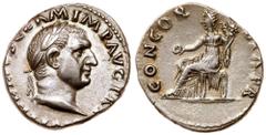 Roman Imperial Coinage Vitellius. Silver Denarius (3.43 g), AD 69. Rome. A VITELLIVS GERM IMP AVG TR P, laureate head of Vitellius right. Reverse: CONCOR-DIA P R, Concordia seated left, holding patera