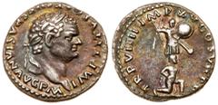 Roman Imperial Coinage Titus. Silver Denarius (3.04 g), AD 79-81. Judaea Capta issue. Rome. IMP TITVS CAES VESPASIAN AVG P M, laureate head of Titus right. Reverse: TR P VIIII IMP XV COS VII P P, male