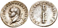 Roman Imperial Coinage Titus. Silver Denarius (3.22 g), AD 79-81. Rome, AD 79. IMP TITVS CAES VESPASIAN AVG P M, laureate head of Titus left. Reverse: TR P VIIII IMP XV COS VII P P, radiate statue sta