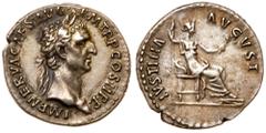 Roman Imperial Coinage Nerva. Silver Denarius (3.38 g), AD 96-98. Rome, AD 96. IMP NERVA CAES AVG P M TR P COS II P P, laureate head of Nerva right. Reverse: IVSTITIA AVGVST, Justitia seated right, ho