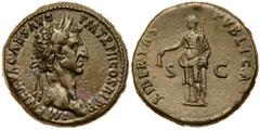 Roman Imperial Coinage Nerva. Æ Sestertius (24.52 g), AD 96-98. Rome, AD 97. IMP NERVA CAES AVG P M TR P II COS III P P, laureate head of Nerva right. Reverse: LIBERTAS PUBLICA, S C across field, Libe