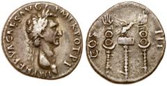 Roman Imperial Coinage Nerva. Silver Cistophorus (9.98 g), AD 96-98. Pergamum. IMP NERVA CAES AVG P M TR POT P P, laureate head of Nerva right. Reverse: COS III, legionary eagle between two standards 