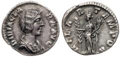 Roman Imperial Coinage Didia Clara, daughter of Didius Julianus. Silver Denarius (2.55 g), Augusta, AD 193. Rome, under Didius Julianus. DIDIA CLA-RA AVG, draped bust of Didia Clara right. Reverse: HI
