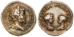 Roman Imperial Coinage Septimius Severus, with Caracalla and Geta, as Caesar. Silver Denarius (3.04 g), AD 193-211. Rome, AD 201. SEVERVS PIVS AVG, laureate head of Septimius Severus right. Reverse: A