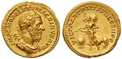 Roman Imperial Coinage Macrinus, AD 217-218, Gold Aureus (7.37 g). Antioch mint, April-June AD 218. IMP CM OPEL SEV MACRINVS AVG, laureate, draped and cuirassed bust right. Rev. VICT PART PM TRP II CO