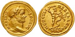 Roman Imperial Coinage Maximianus. Gold Aureus (5.55 g), first reign, AD 286-305. Rome, AD 293-294. MAXIMIA-NVS P F AVG, laureate head of Maximianus right. Reverse: HERCVLI DEBELLAT, Hercules standing