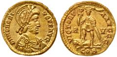 Roman Imperial Coinage Honorius, AD 393-423. Gold Solidus (4.47 g). Mint of Ravenna, after AD 408. Draped and cuirassed bust of Honorius with close beard, wearing crested and diademed helmet to r. Rev