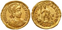 Roman Imperial Coinage Honorius, AD 393-423. Gold Solidus (4.49 g). Mint of Ravenna, after AD 408. Draped and cuirassed bust of Honorius with close beard, wearing crested and diademed helmet to r. Rev