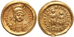 Roman Imperial Coinage Theodosius II, 402-450 AD. Gold Solidus (4.46g). Mint of Constantinople, AD 426-30. Helmeted and cuir. bust three-quarter facing to r., holding spear and shield. Reverse: SALVS 