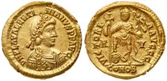 Roman Imperial Coinage Valentinian III, AD 425-455. Gold Solidus (4.48 g). Mint of Ravenna, struck AD 426-430 . Rosette, diademed, draped and cuirassed bust r. Reverse: Valentinian, foot on human-head