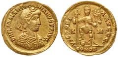 Roman Imperial Coinage Valentinian III, AD 425-455. Gold Solidus (4.49 g). Mint of Milan, struck AD 426-445. Rosette, diademed, draped and cuirassed bust r. Reverse: Valentinian, foot on human-headed 