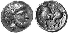 Ancient Coins CELTIC WORLD Danube Celts No.: 4 Schätzwert/Estimation: CHF 1000.- Tetradrachm 3rd century. "Baumreiter" type. Imitation of the tetradrachms of Philipp II of Macedonia. Head to r. with p