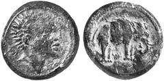 Ancient Coins GREEK WORLD Etruria No.: 11 Schätzwert/Estimation: CHF 250.- Aes 3rd cent. Head of a Negro to r. Rev. Elephant standing to r., beneath Etruscan M. 5,38 g. SNG Cop. 47. Green patina. Some