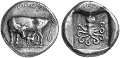 Ancient Coins GREEK WORLD Euboea No.: 104 Schätzwert/Estimation: CHF 1800.- Eretria. Drachm c. 490. Cow standing l. with head turned back and suckling calf. Rev. Octopus in incuse square. 6,06 g. BMC 