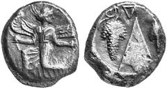 Ancient Coins GREEK WORLD Caria Caunus. No.: 138 Schätzwert/Estimation: CHF 1000.- Stater c. 430/410. Winged female deity in long chiton holding caduceus and wreath. Rev. Conic baetyl (meteorite) betw