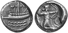 Ancient Coins GREEK WORLD Phoenicia Sidon. No.: 152 Schätzwert/Estimation: CHF 2500.- Unknown king (Eshmunazar?) c. 460. ½ Shekel. Phoenician galley with sails and riggings, eye on prow, above waves. 