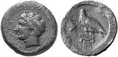 GREEK COINAGE Sicily Acragas. No.: 87 Schätzwert/Estimate: CHF 600.- Hemilitron 338/287. AKRAGAS Head of young river god Akragas to l. with diadem and two horns in hair. Rev. Eagle with with head turn