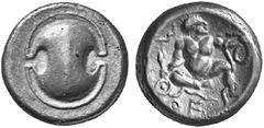 GREEK COINAGE Boeotia Thebes. No.: 202 Schätzwert/Estimate: CHF 1000.- Stater c. 395/387. Boeotian shield. Rev. Heracles as child throttling serpents. 10,87 g. SNG Cop. 303. SNG Lockett 1748. Good ver