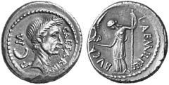 ROMAN REPUBLIC No.: 350 Schätzwert/Estimate: CHF 2500.- L. Aemilius Buca. Denarius 44, Rome. In memory of the death of C. Iulius Caesar. CAESAR IM - P - M Laureate head of Julius Caesar to r., crescen