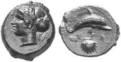 ANCIENT COINS GREEK COINAGE Sicily Syracuse. No.: 4104 Schätzwert/Estimate: CHF 200.- d=19 mm Aes 425/4th century. Head of Arethusa-Artemis l., olive-spray behind. Rev. Dolphin over scallop-shell. 3,5