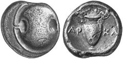 ANCIENT COINS GREEK COINAGE Boeotia Thebes. No.: 4143 Schätzwert/Estimate: CHF 250.- d=21 mm Stater 379/338. Boeotian shield. Rev. Amphora between AP-KA. 11,97 g. SNG Cop. 318. Scratch. Very fine.