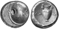 ANCIENT COINS GREEK COINAGE Boeotia Thebes. No.: 4144 Schätzwert/Estimate: CHF 300.- d=21 mm Stater 379/338. Boeotian shield. Rev. Amphore between D A-ILm . 11,97 g. SNG Cop. 323. Off-centre. Good ver