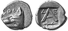 ANCIENT COINS GREEK COINAGE Argolis No.: 4166 Schätzwert/Estimate: CHF 200.- d=11 mm Argos. Obol after 343. Head of wolf l. Rev. In square incuse initial A between small D - E, thunderbolt below. 0,76